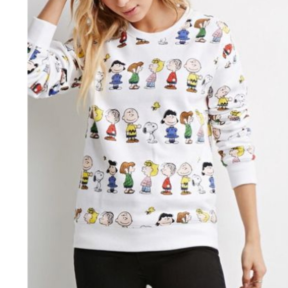 Peanuts White Character Print Sweatshirt